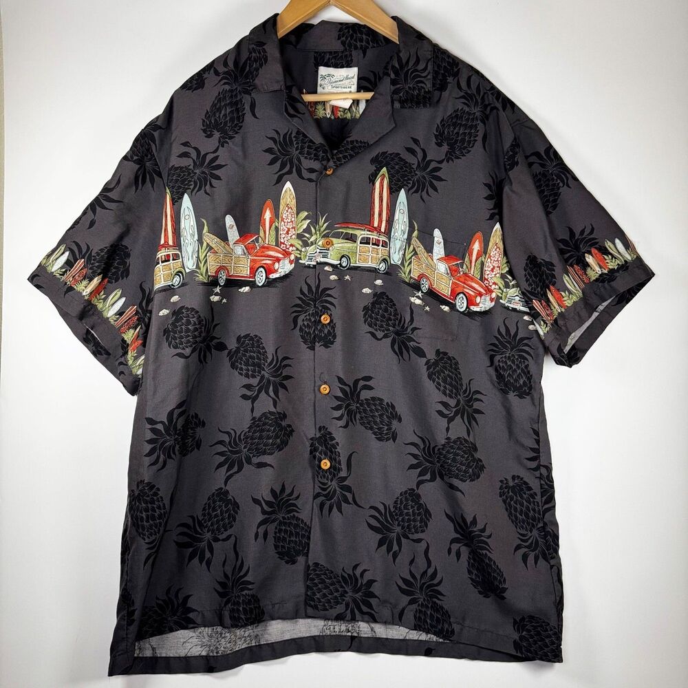 Diamond Head Sportswear Hawaiian Shirt Men Black Surfboards Woodie Cars USA Made